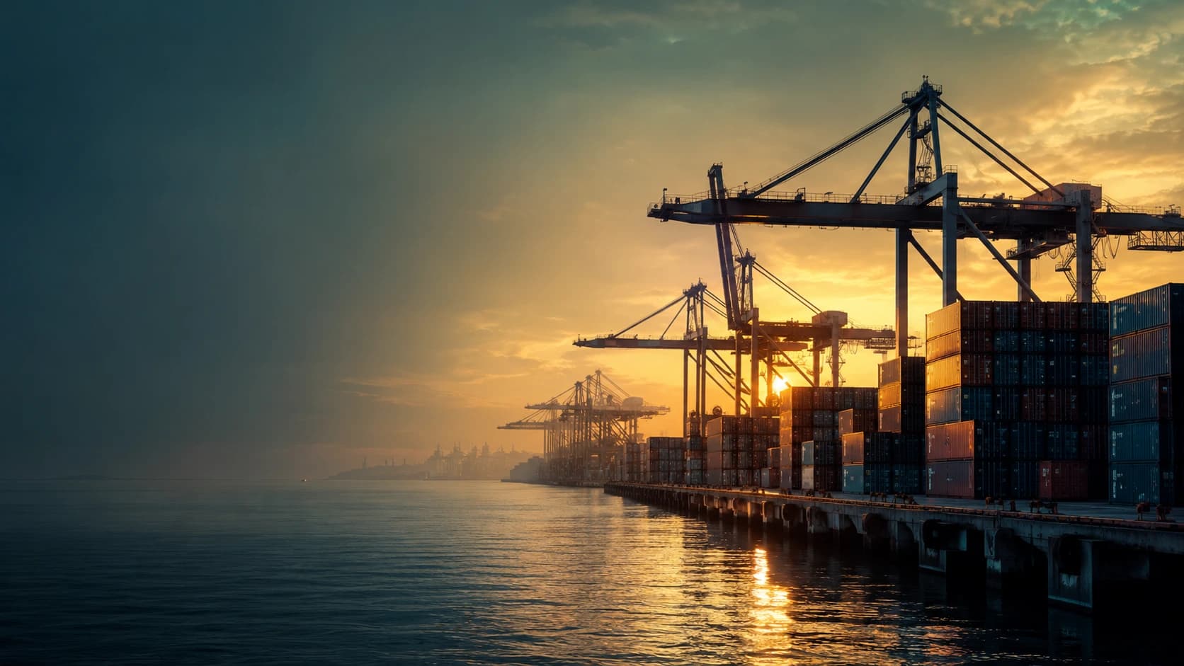 Port cranes and containers at dusk