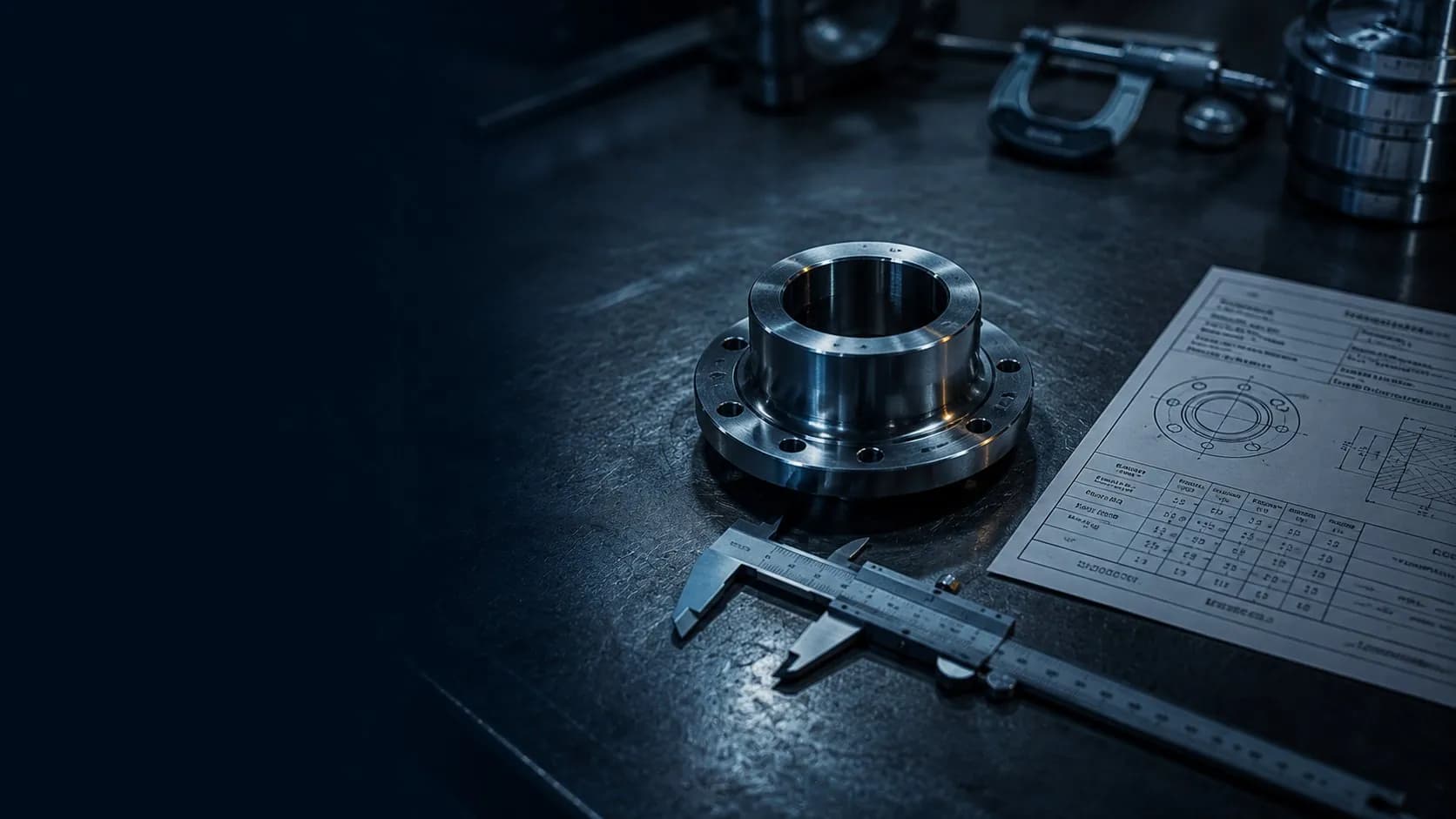 Pieza industrial con calibrador vernier y ficha técnica para clasificación