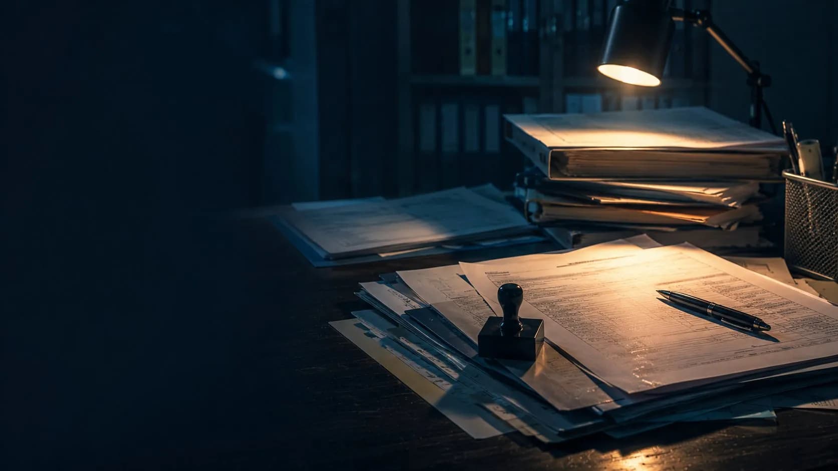 Documentos de comercio exterior apilados con sello sobre un escritorio