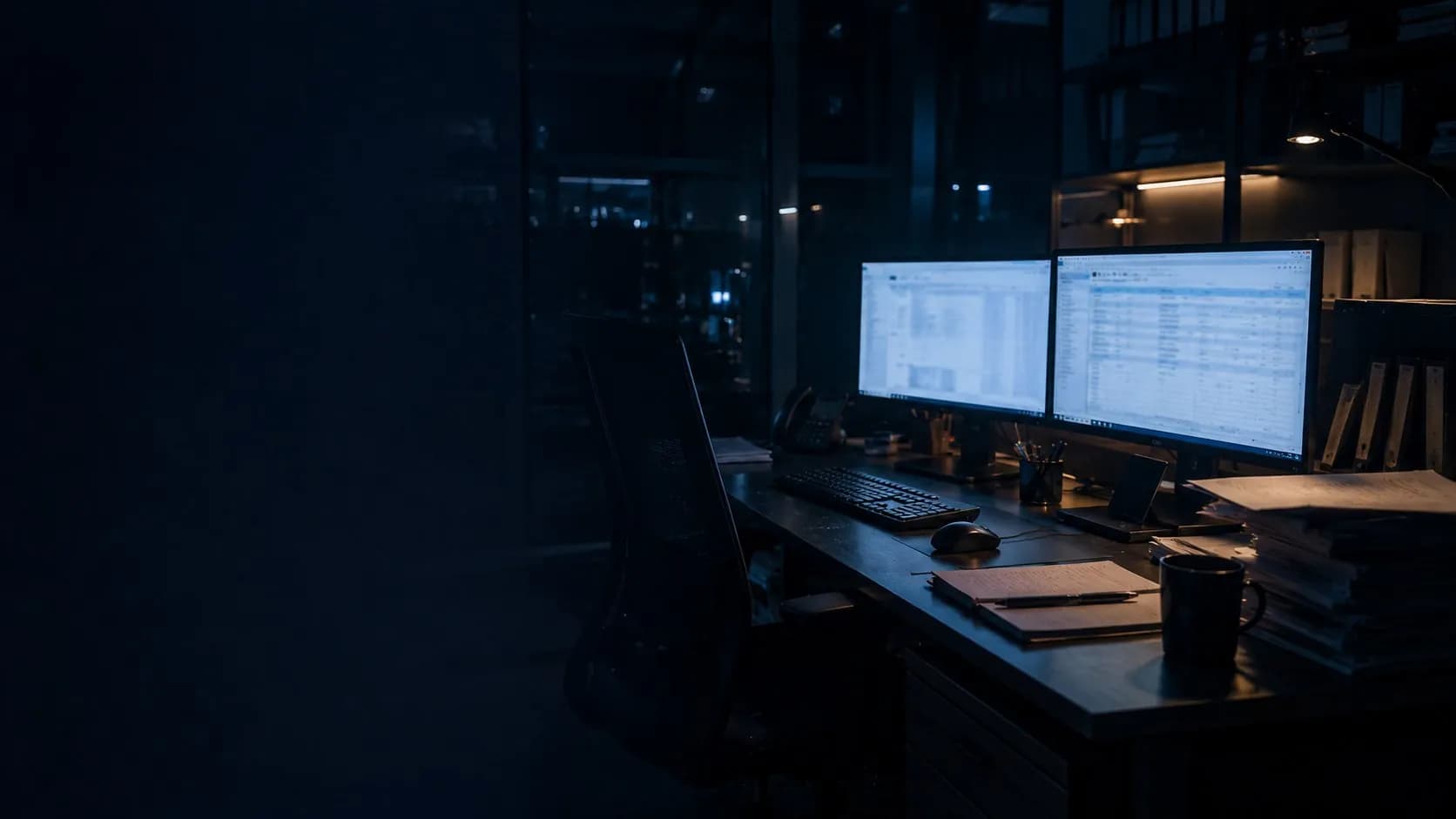 Estación de trabajo de comercio exterior con monitores encendidos de noche