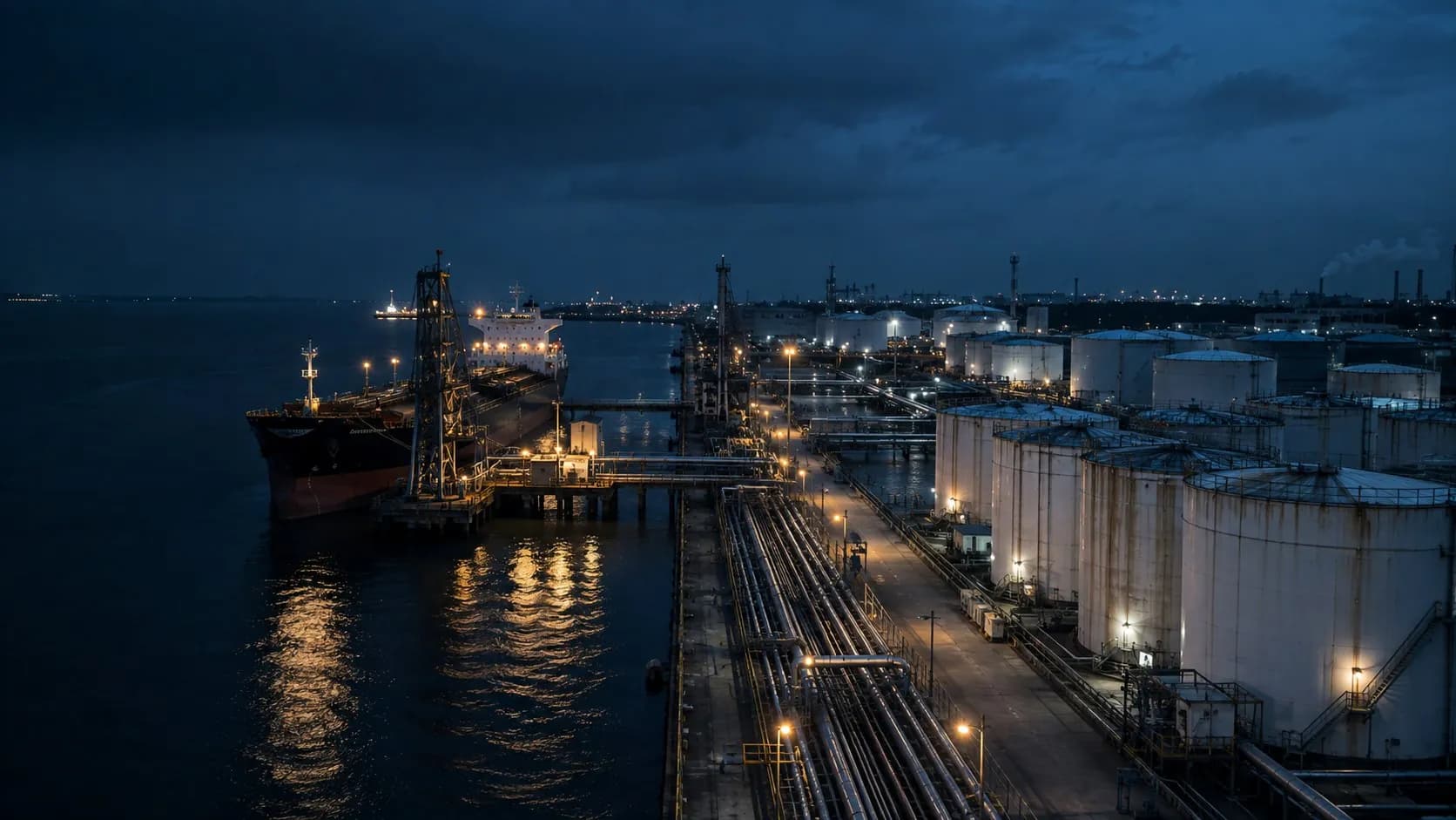 Terminal industrial y petroquímica con buque atracado y tanques de almacenamiento
